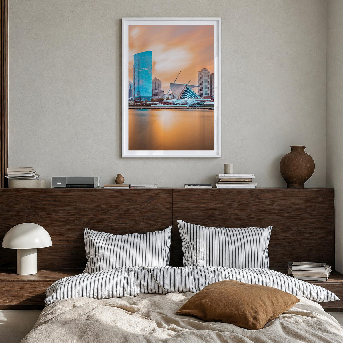 Milwaukee no. 1 colorful photo poster of Wisconsin, USA – vertical wall art in white wood frame with white border, hanging on