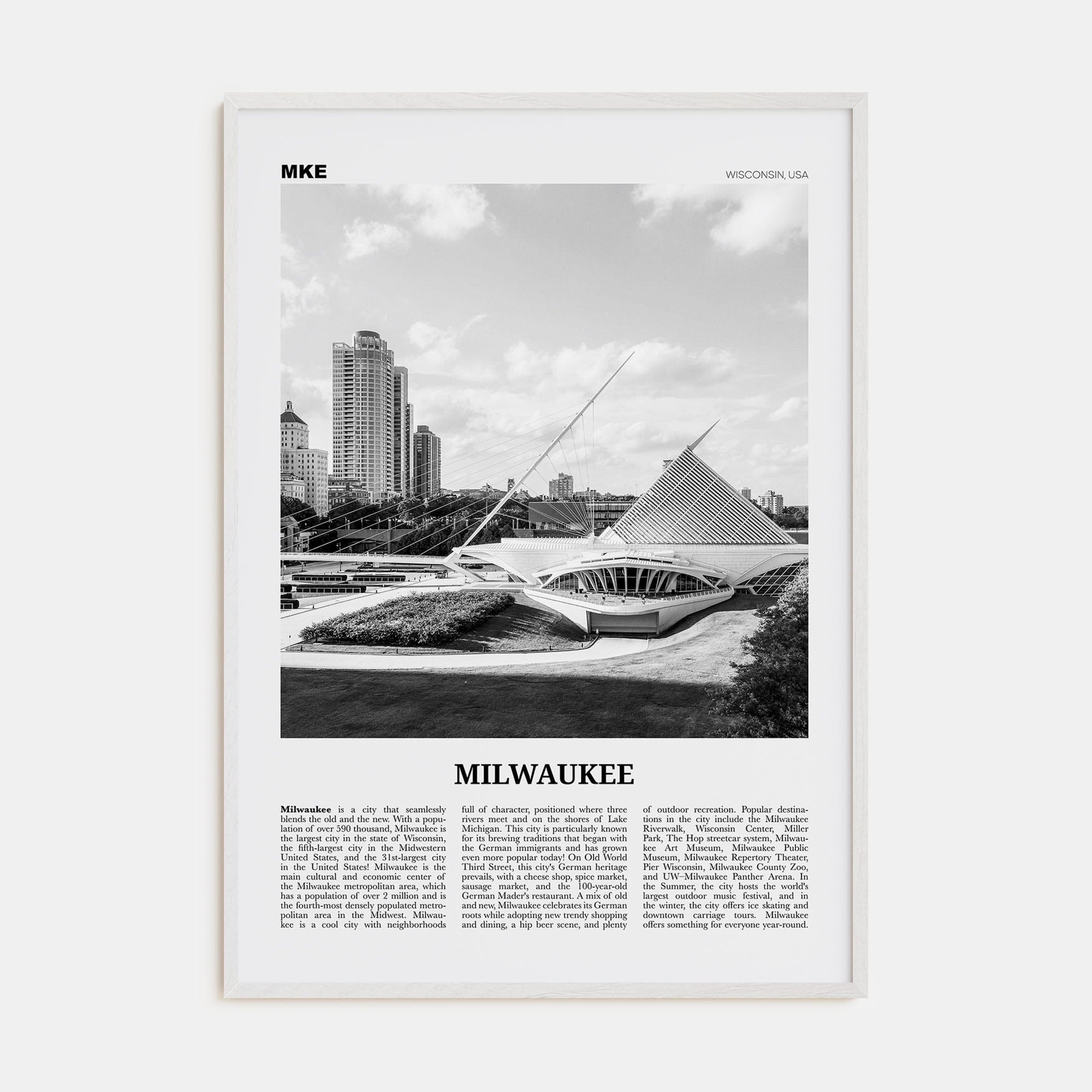 Milwaukee No 1 Poster White Wood / 8x12 in Nbourhood Travel B&W Poster