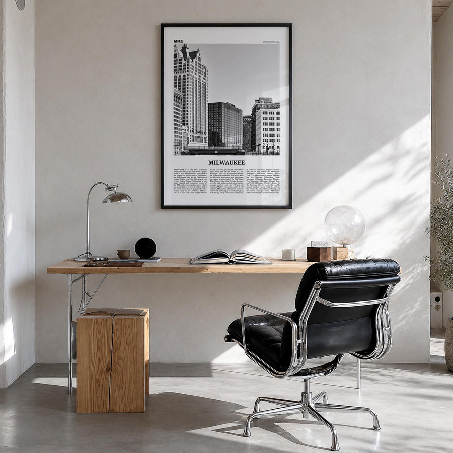Milwaukee no. 2 black & white newspaper poster of Wisconsin, USA – vertical wall art in black wood frame, hanging on wall