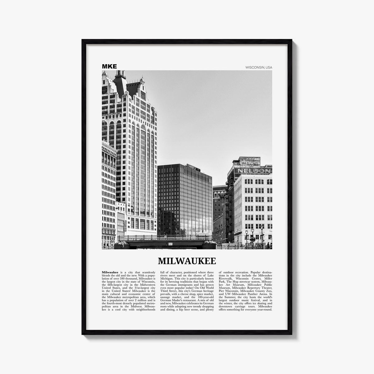 Milwaukee no. 2 black & white newspaper poster of Wisconsin, USA – vertical wall art, unframed print shown in interior mockup