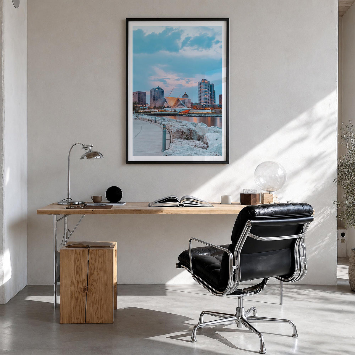 Milwaukee no. 3 colorful photo poster of Wisconsin, USA – vertical wall art in black wood frame with white border, hanging on