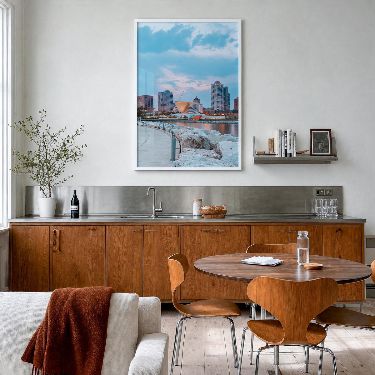 Milwaukee no. 3 colorful photo poster of Wisconsin, USA – vertical wall art in white wood frame, hanging on wall