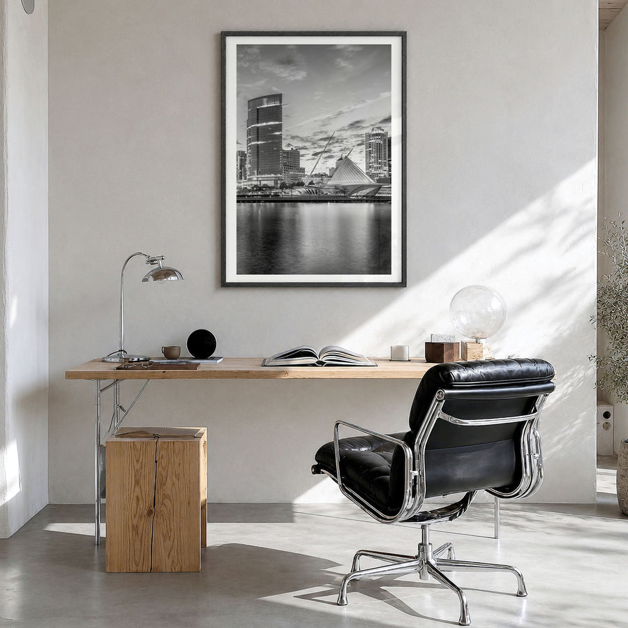 Milwaukee Photo No 1 Poster in a black wood frame, hanging in a bright home office, white border