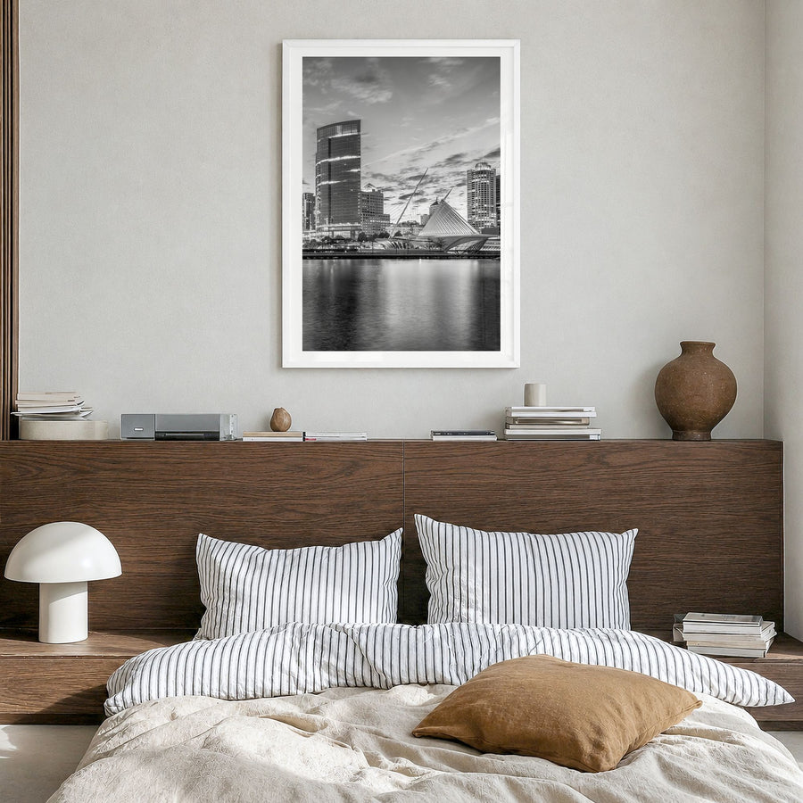Milwaukee Photo No 1 Poster in a white wood frame, hanging in a bedroom, white border