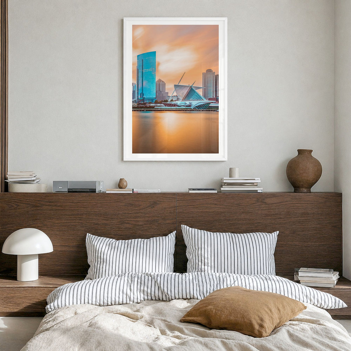 Milwaukee Photo No 1 Poster in a white wood frame, hanging in a bedroom, white border