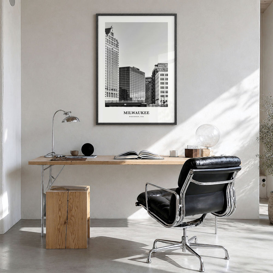 Milwaukee Classic No 1 Poster in a black wood frame, hanging in a bright home office