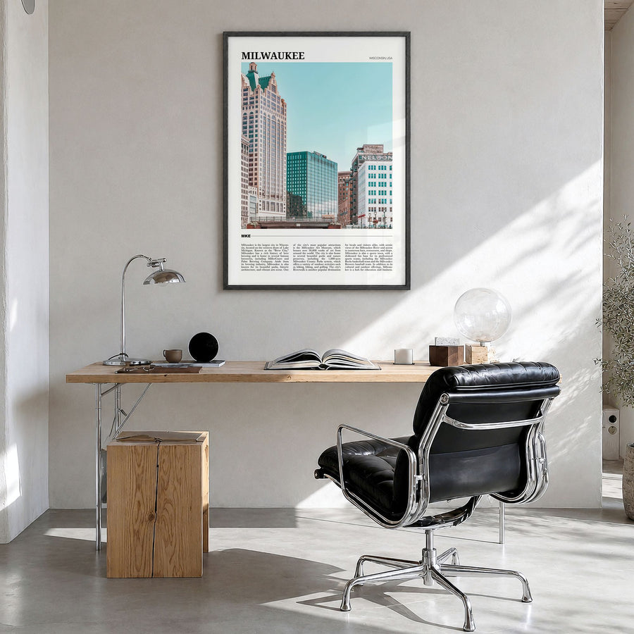 Milwaukee Travel Poster in a black wood frame, hanging in a bright home office