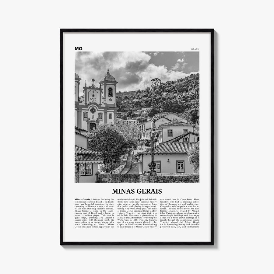Minas Gerais black & white newspaper poster of Brazil – vertical wall art, unframed print shown in interior mockup