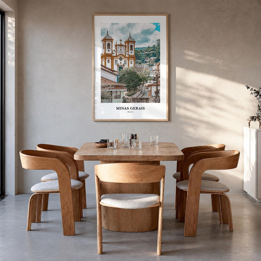 Minas Gerais colorful classic poster of Brazil – vertical wall art in natural wood frame, hanging on wall