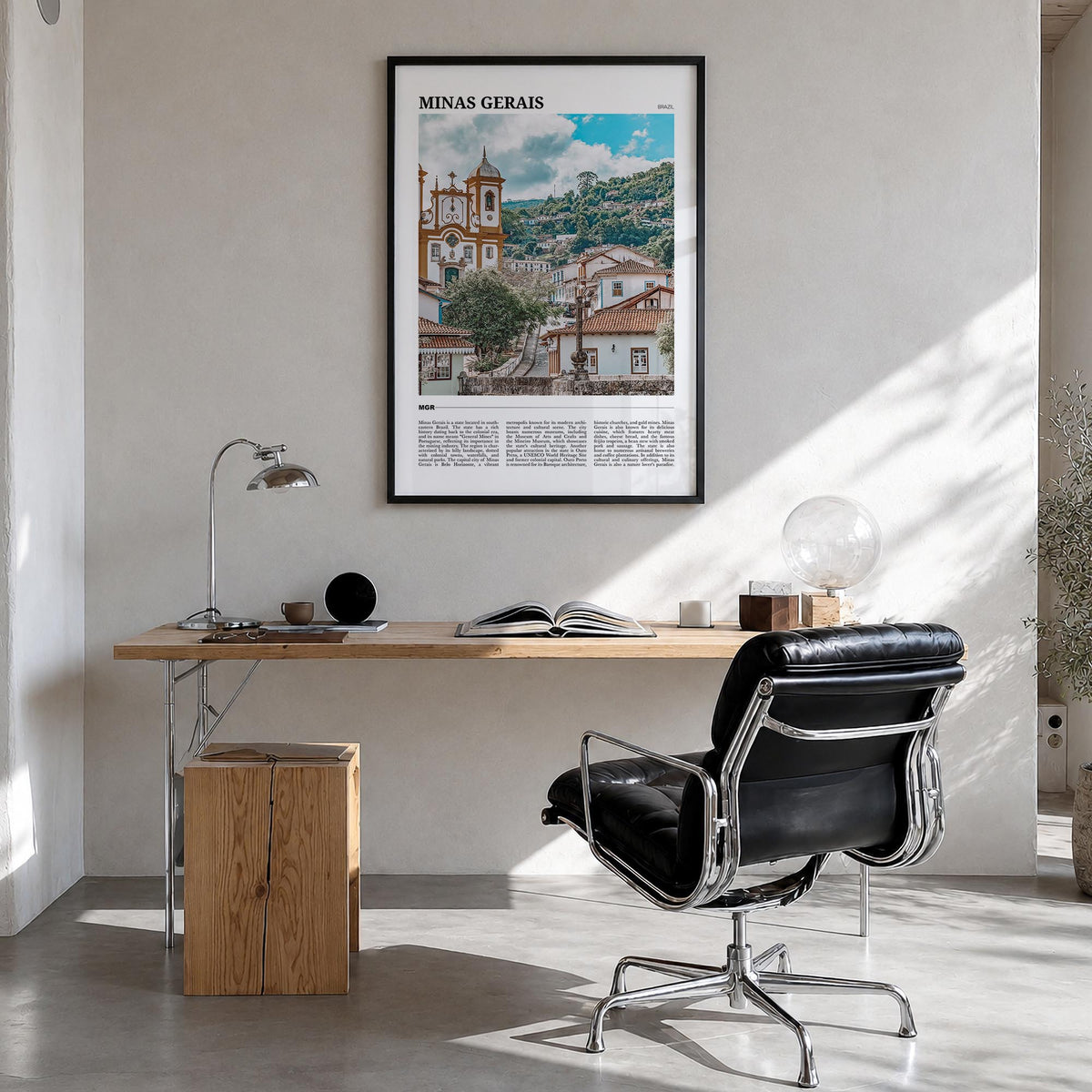 Minas Gerais colorful travel poster of Brazil – vertical wall art in black wood frame, hanging on wall