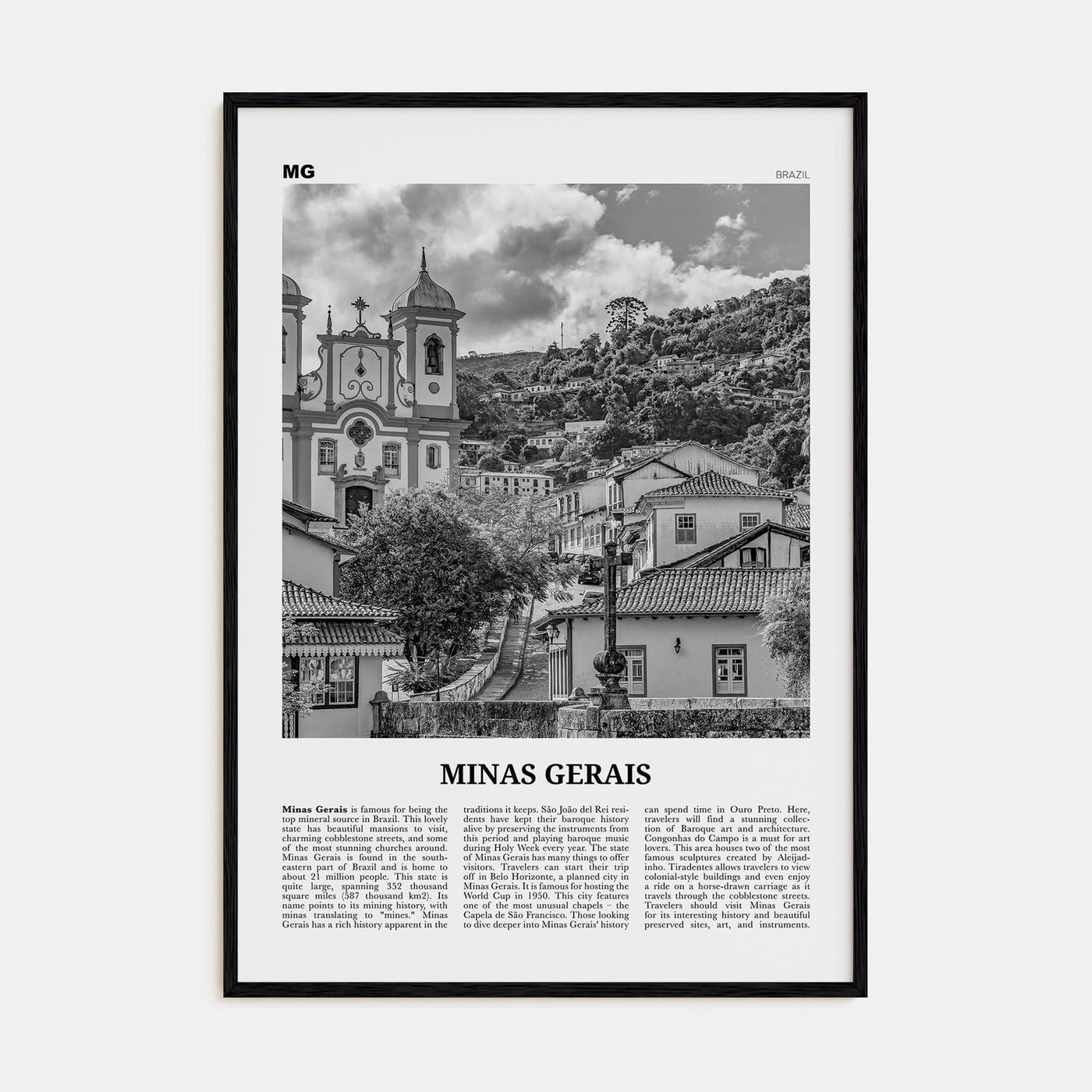 Minas Gerais Poster Black Wood / 8x12 in Nbourhood Travel B&W Poster