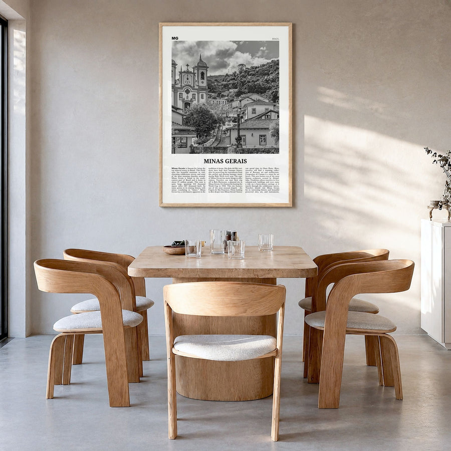 Minas Gerais Newspaper Poster in a natural wood frame, hanging in a dining room