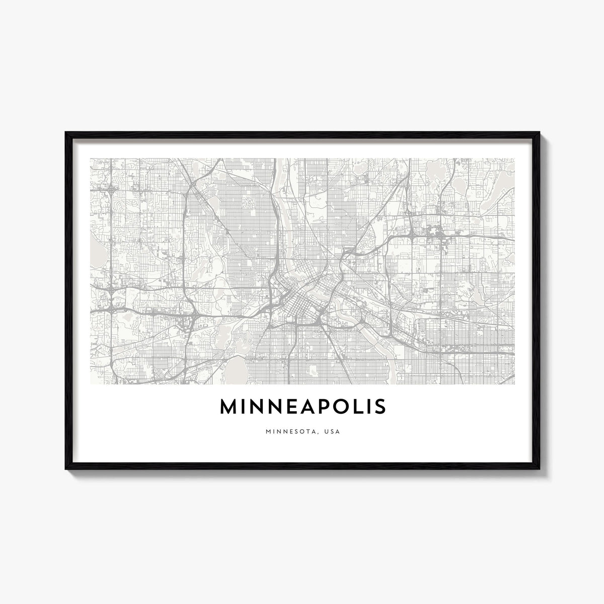 Minneapolis black & white map poster of Minnesota, USA – horizontal wall art, unframed print shown in interior mockup