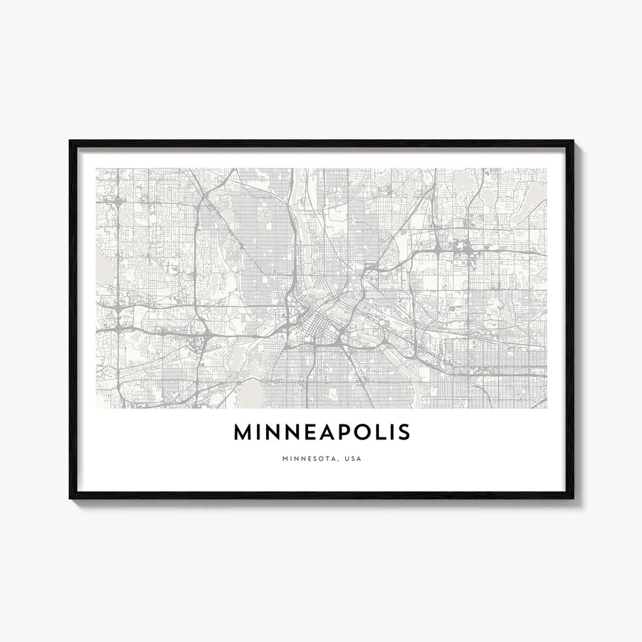 Minneapolis black & white map poster of Minnesota, USA – horizontal wall art, unframed print shown in interior mockup