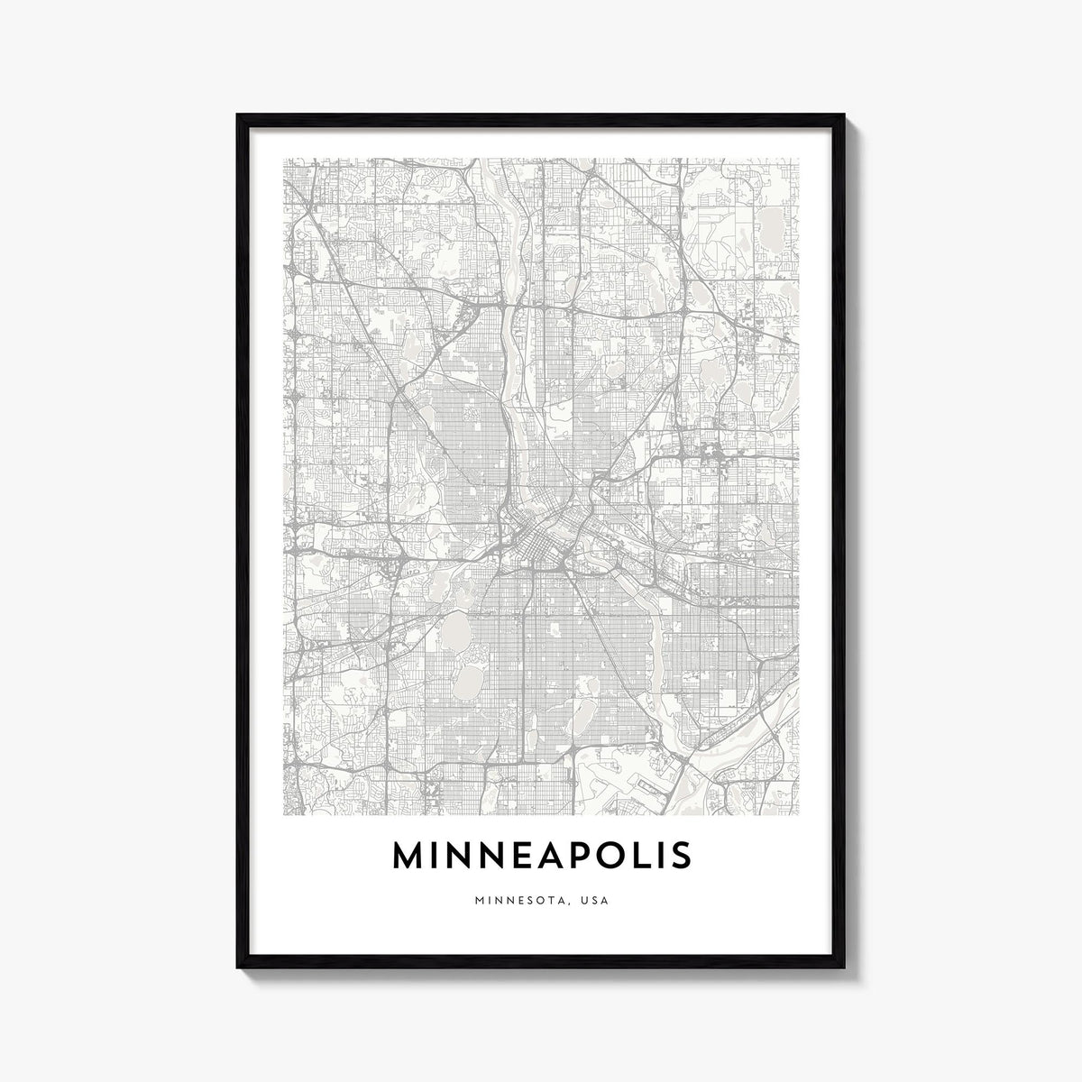 Minneapolis black & white map poster of Minnesota, USA – vertical wall art, unframed print shown in interior mockup