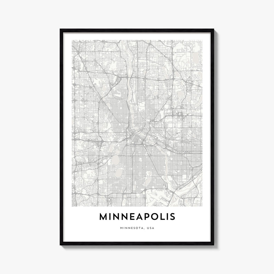 Minneapolis black & white map poster of Minnesota, USA – vertical wall art, unframed print shown in interior mockup