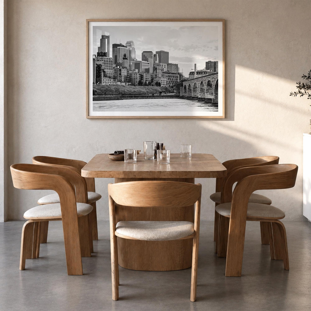 Minneapolis black & white photo poster of Minnesota, USA – horizontal wall art in natural wood frame with white border, hangi