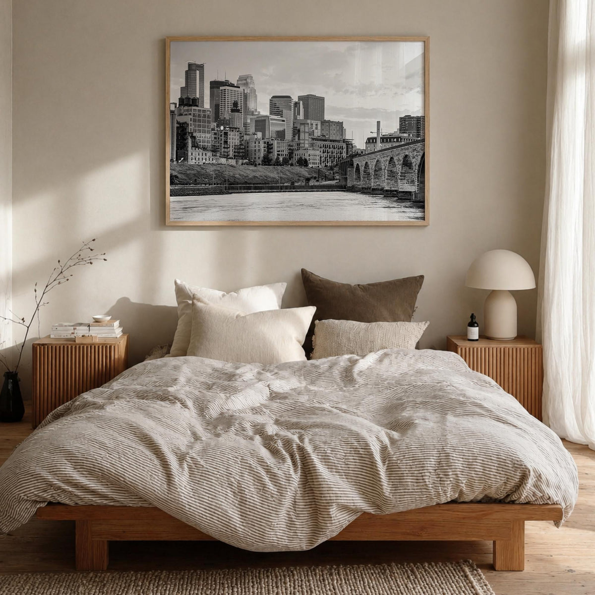 Minneapolis black & white photo poster of Minnesota, USA – horizontal wall art in natural wood frame, hanging on wall