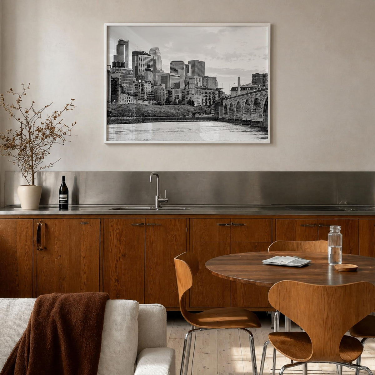 Minneapolis black & white photo poster of Minnesota, USA – horizontal wall art in white wood frame, hanging on wall