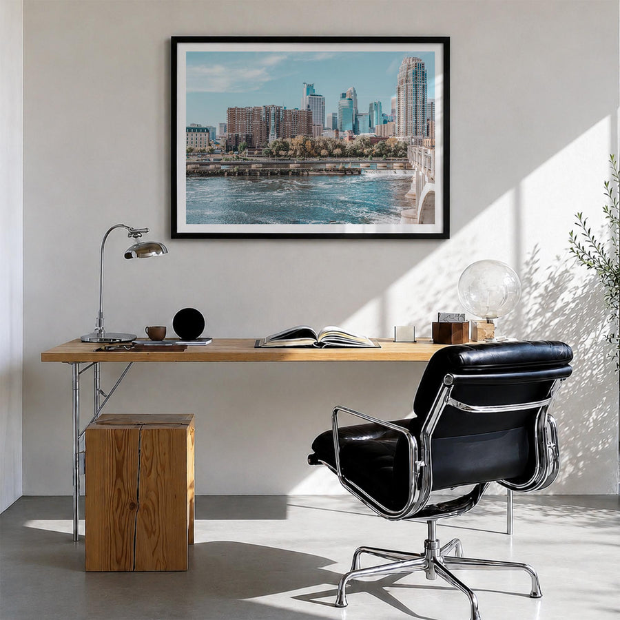 Minneapolis colorful photo poster of Minnesota, USA – horizontal wall art in black wood frame with white border, hanging on w