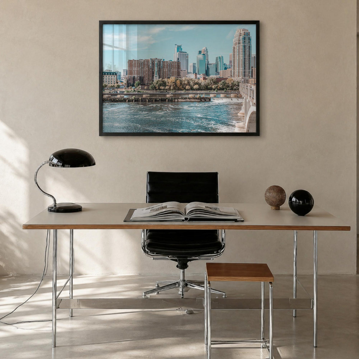 Minneapolis colorful photo poster of Minnesota, USA – horizontal wall art in black wood frame, hanging on wall