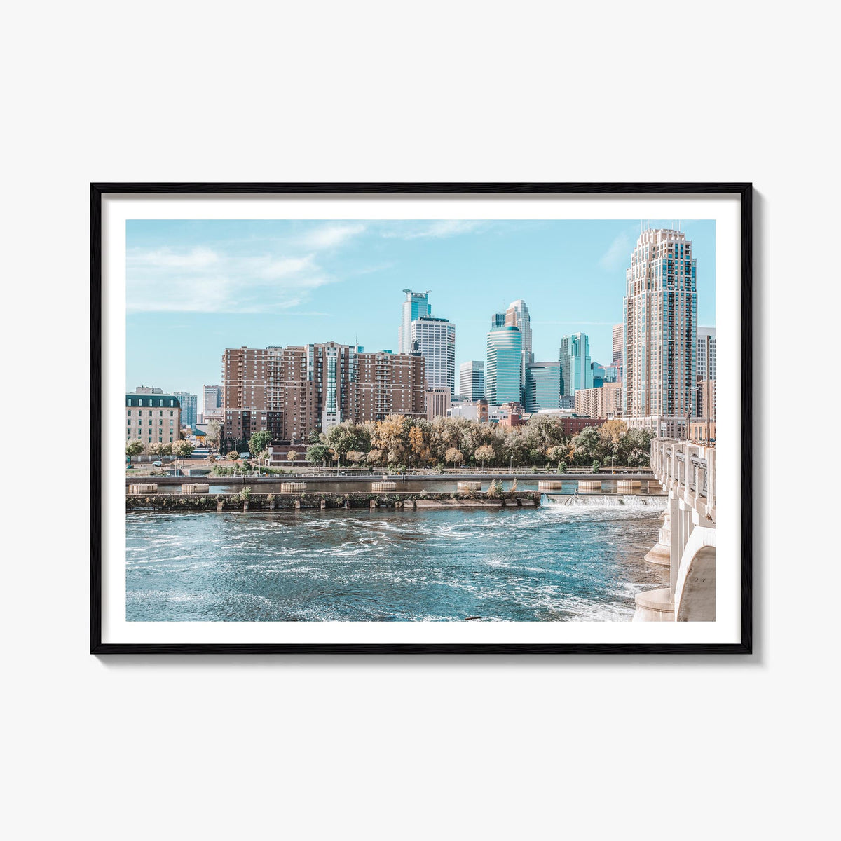 Minneapolis colorful photo poster of Minnesota, USA – horizontal wall art, unframed print shown in interior mockup