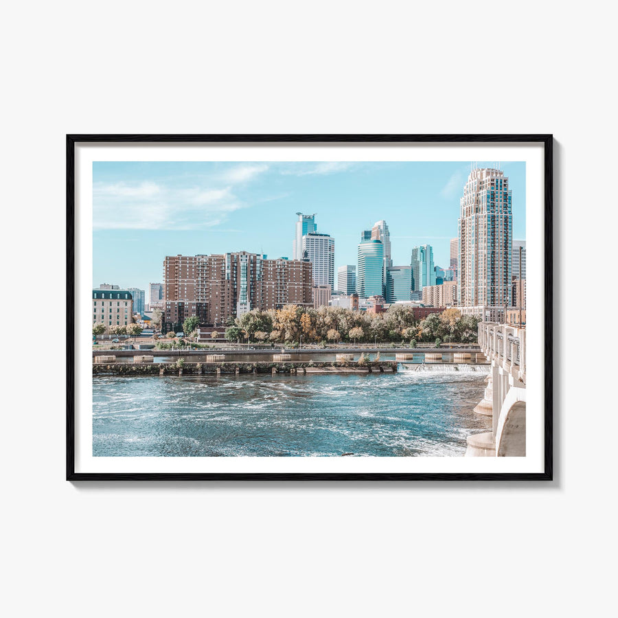 Minneapolis colorful photo poster of Minnesota, USA – horizontal wall art, unframed print shown in interior mockup