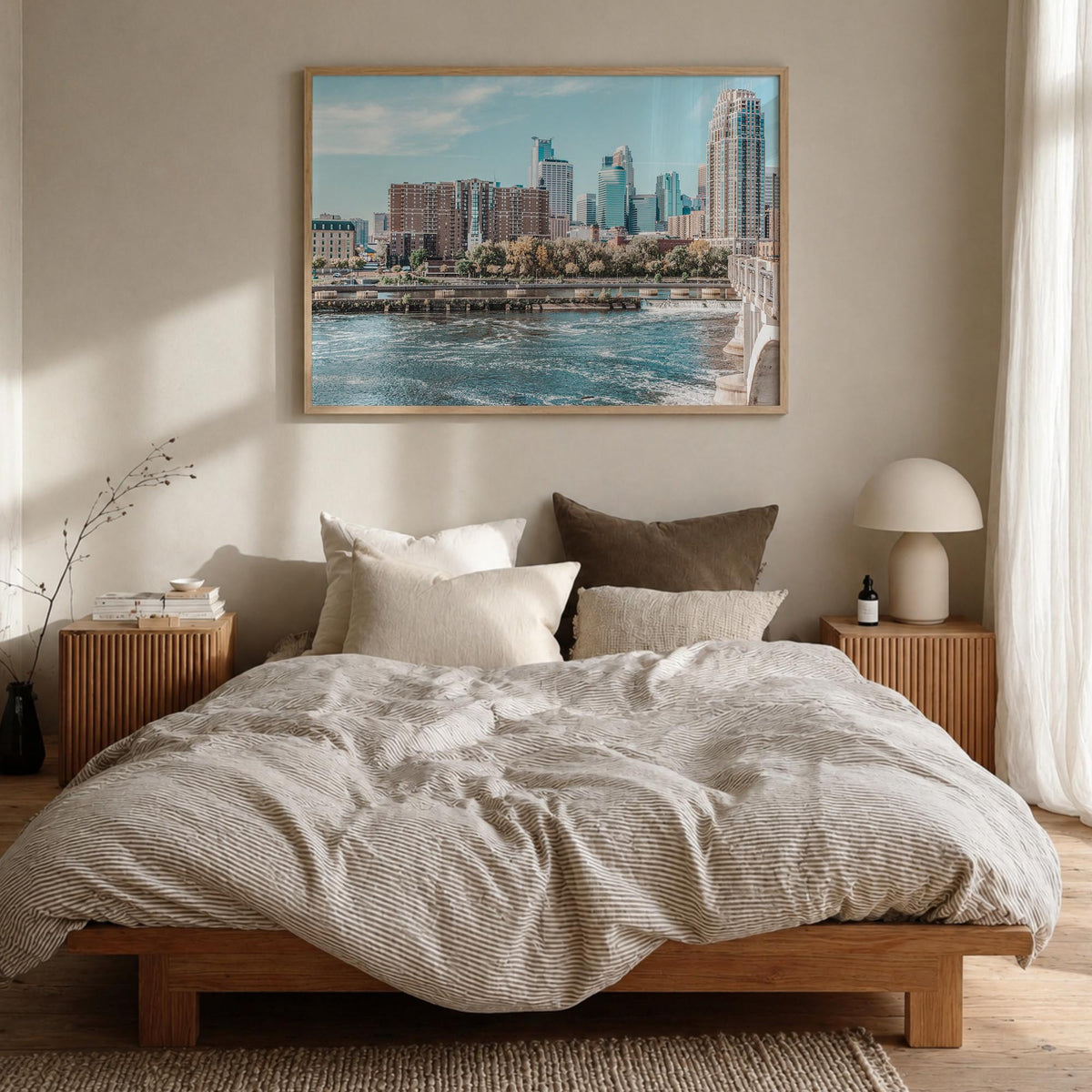 Minneapolis colorful photo poster of Minnesota, USA – horizontal wall art in natural wood frame, hanging on wall
