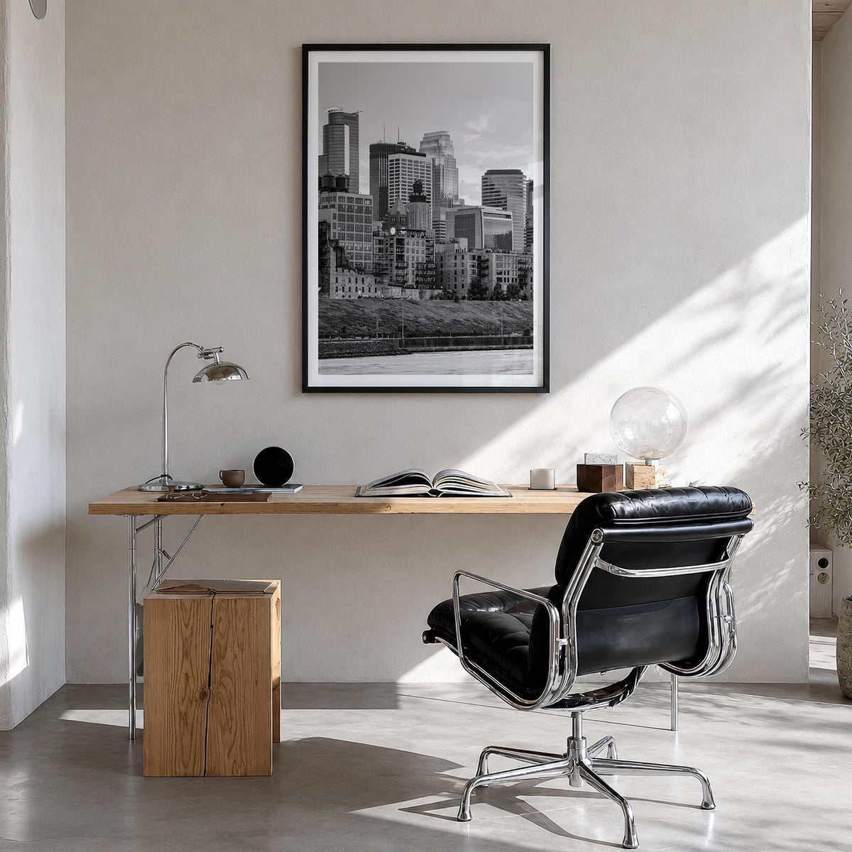 Minneapolis no. 1 black & white photo poster of Minnesota, USA – vertical wall art in black wood frame with white border, han