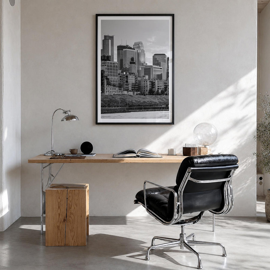 Minneapolis no. 1 black & white photo poster of Minnesota, USA – vertical wall art in black wood frame with white border, han