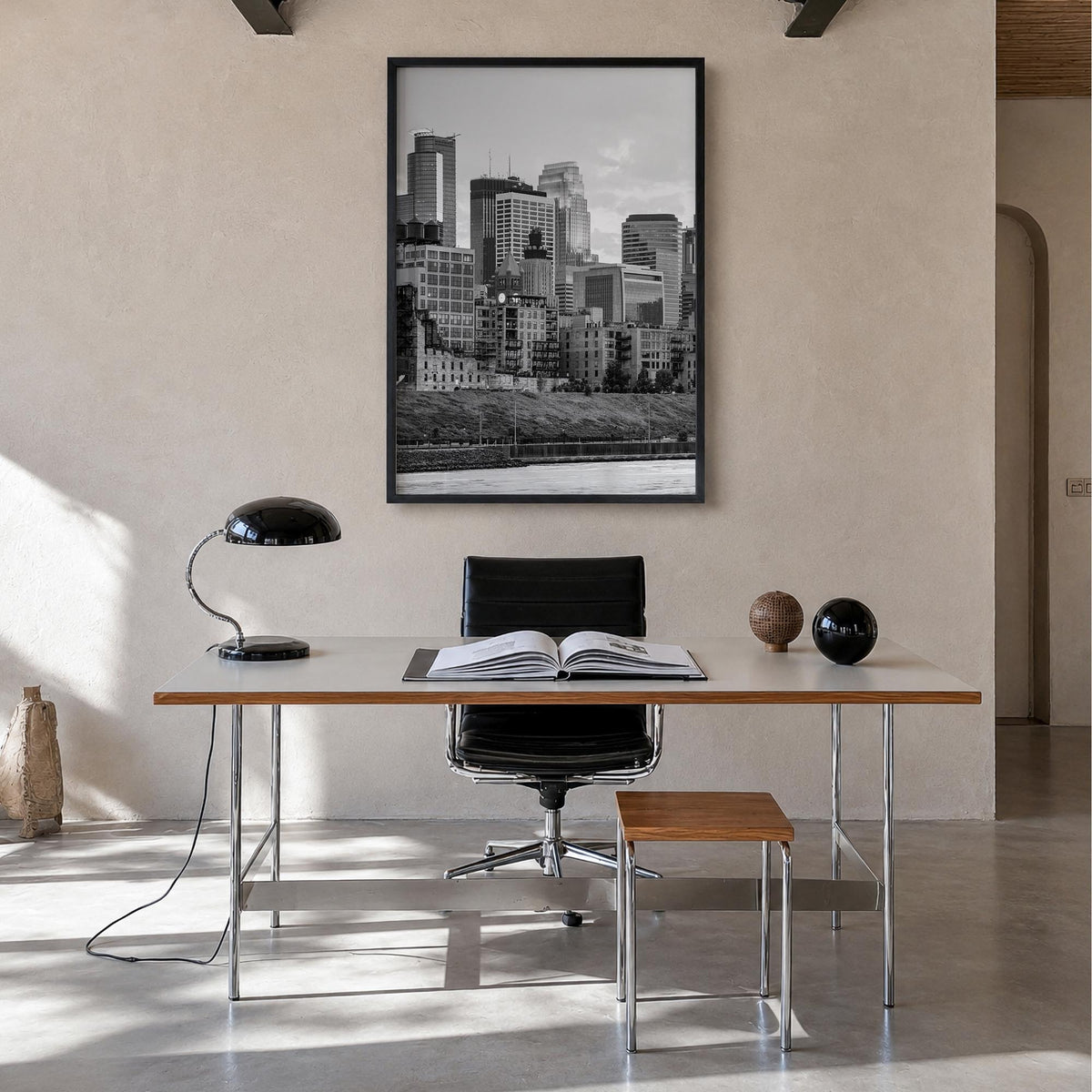 Minneapolis no. 1 black & white photo poster of Minnesota, USA – vertical wall art in black wood frame, hanging on wall