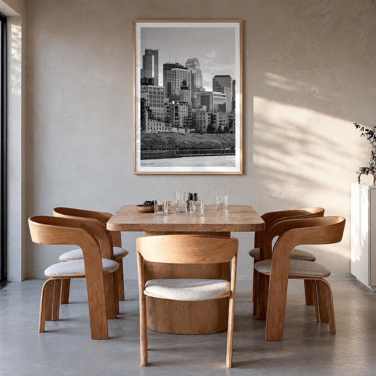 Minneapolis no. 1 black & white photo poster of Minnesota, USA – vertical wall art in natural wood frame with white border, h