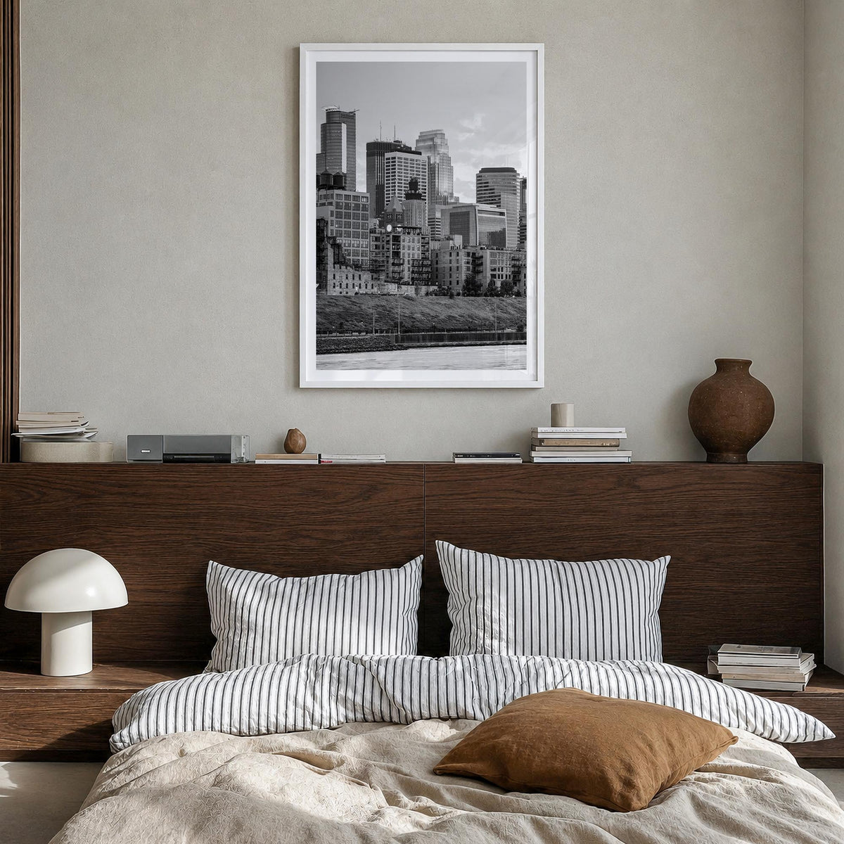 Minneapolis no. 1 black & white photo poster of Minnesota, USA – vertical wall art in white wood frame with white border, han