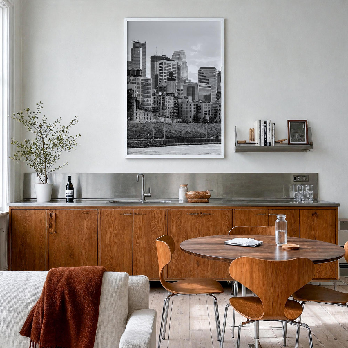 Minneapolis no. 1 black & white photo poster of Minnesota, USA – vertical wall art in white wood frame, hanging on wall
