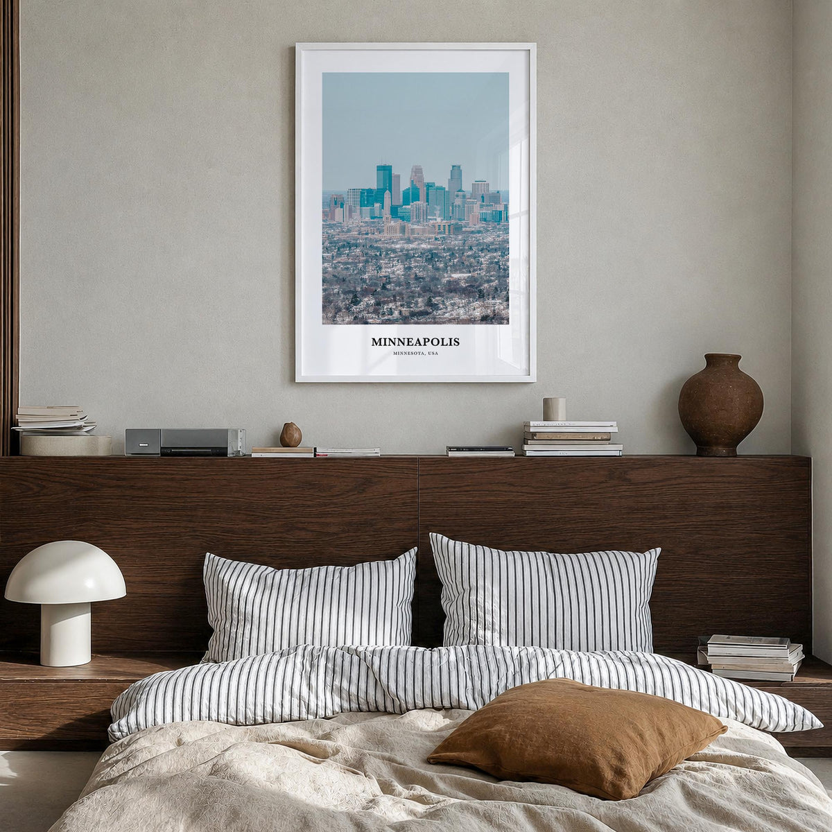 Minneapolis no. 1 colorful classic poster of Minnesota, USA – vertical wall art in white wood frame, hanging on wall