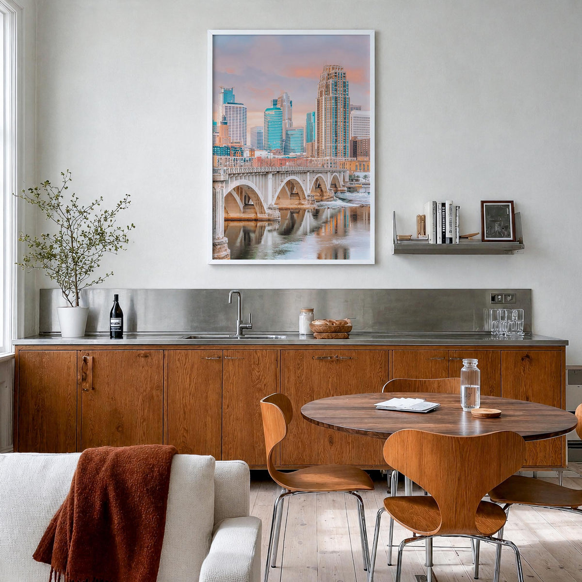 Minneapolis no. 1 colorful photo poster of Minnesota, USA – vertical wall art in white wood frame, hanging on wall