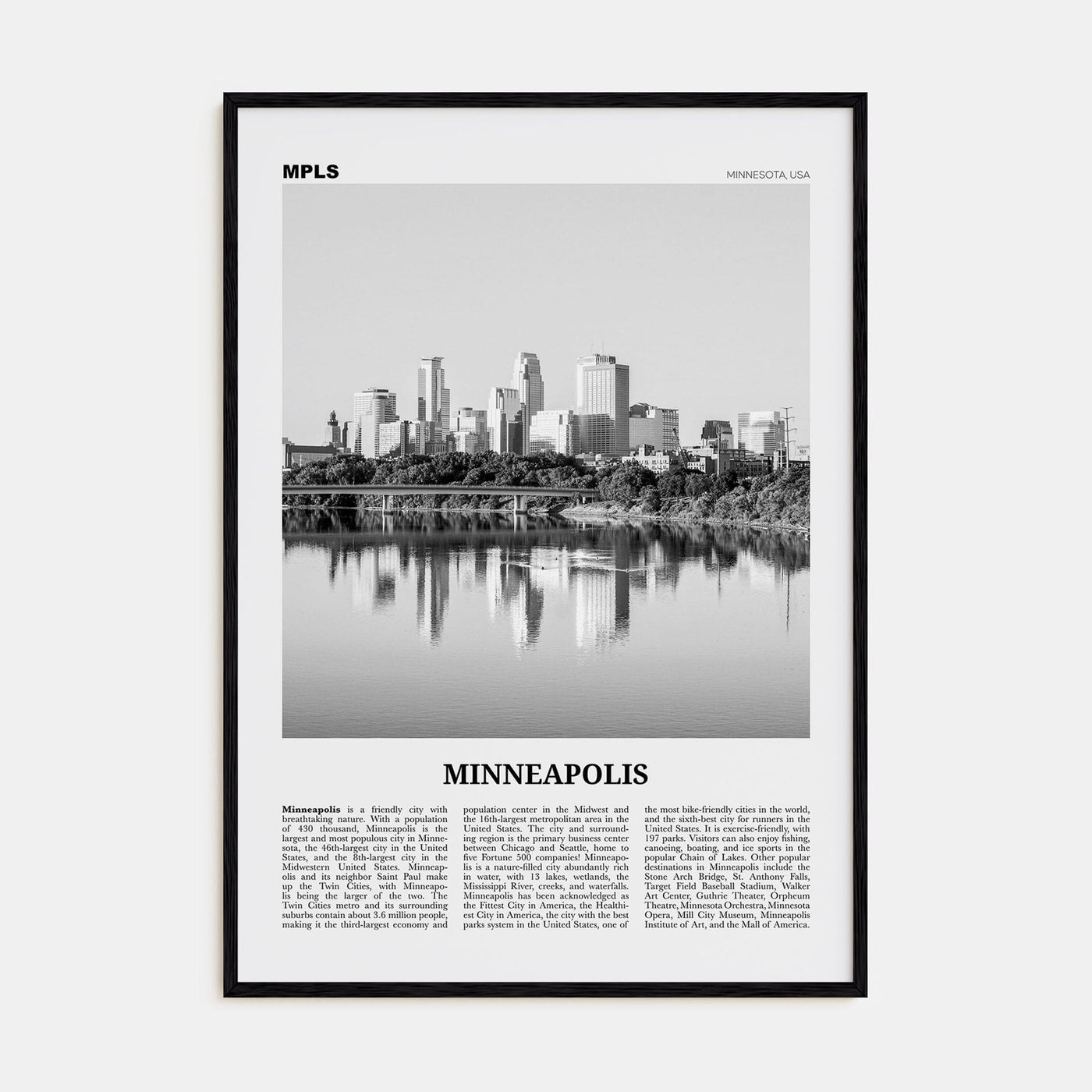 Minneapolis No 1 Poster Black Wood / 8x12 in Nbourhood Travel B&W Poster