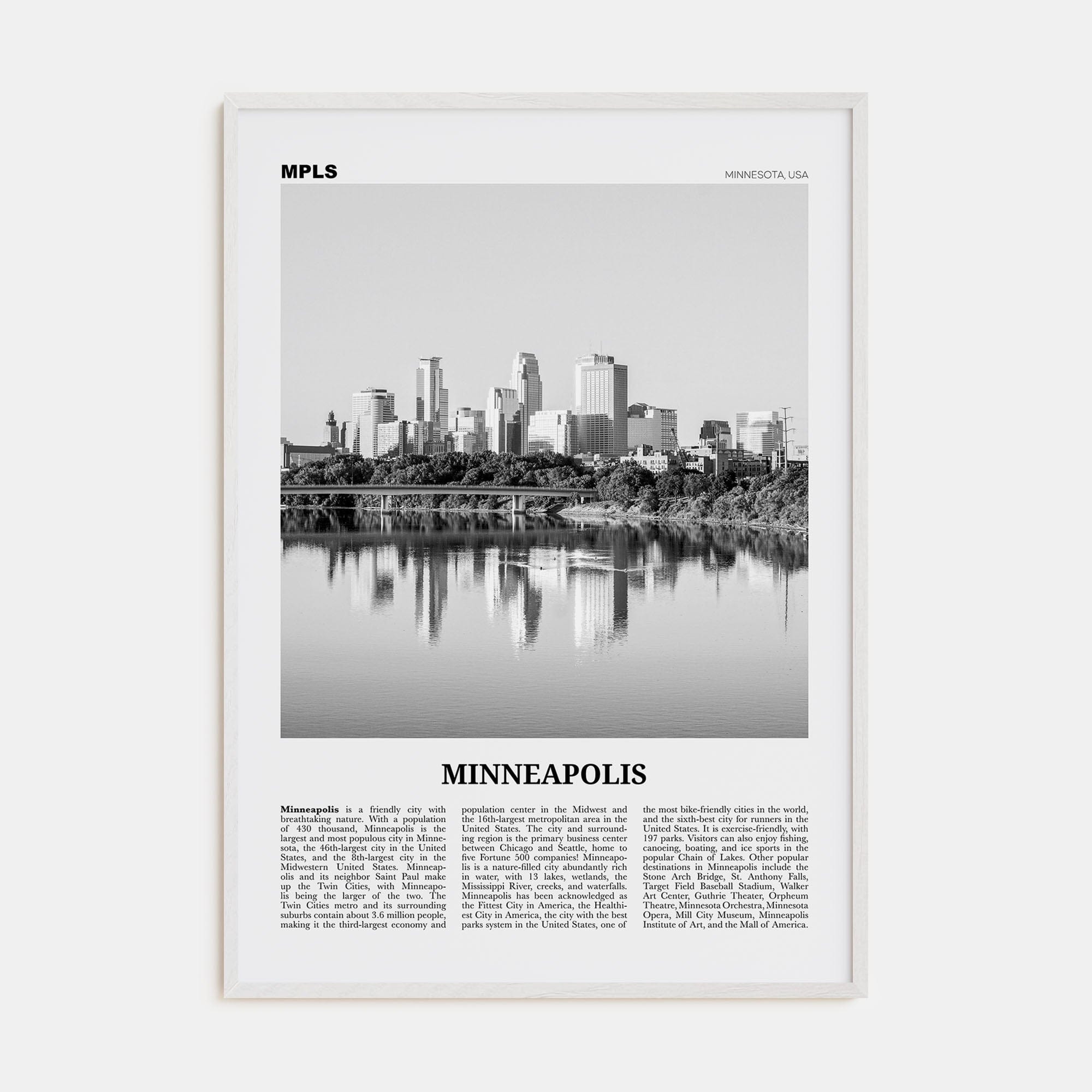 Minneapolis No 1 Poster White Wood / 8x12 in Nbourhood Travel B&W Poster