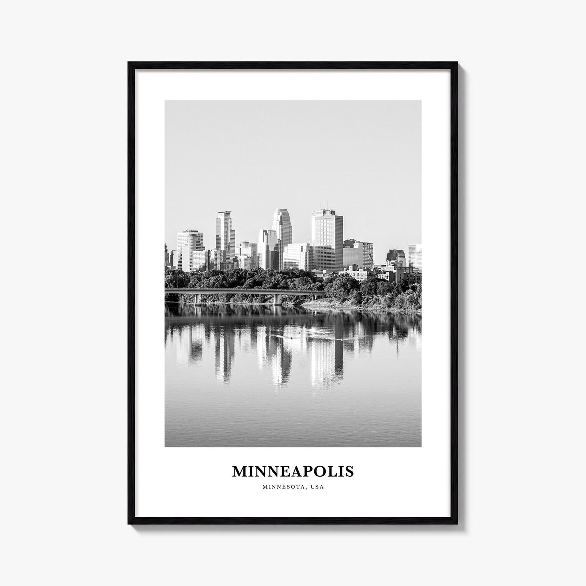 Minneapolis no. 2 black & white classic poster of Minnesota, USA – vertical wall art, unframed print shown in interior mockup