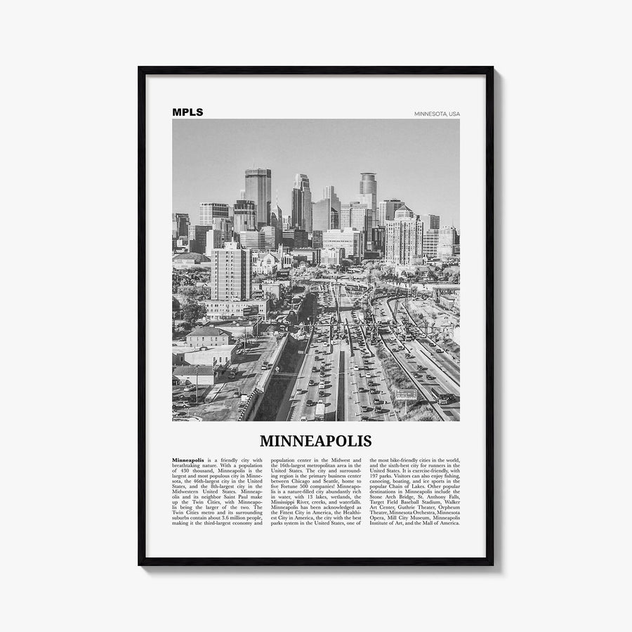 Minneapolis no. 2 black & white newspaper poster of Minnesota, USA – vertical wall art, unframed print shown in interior mock