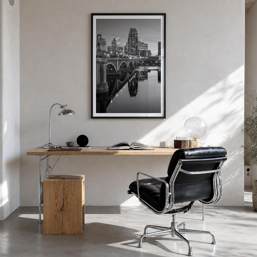 Minneapolis no. 2 black & white photo poster of Minnesota, USA – vertical wall art in black wood frame with white border, han