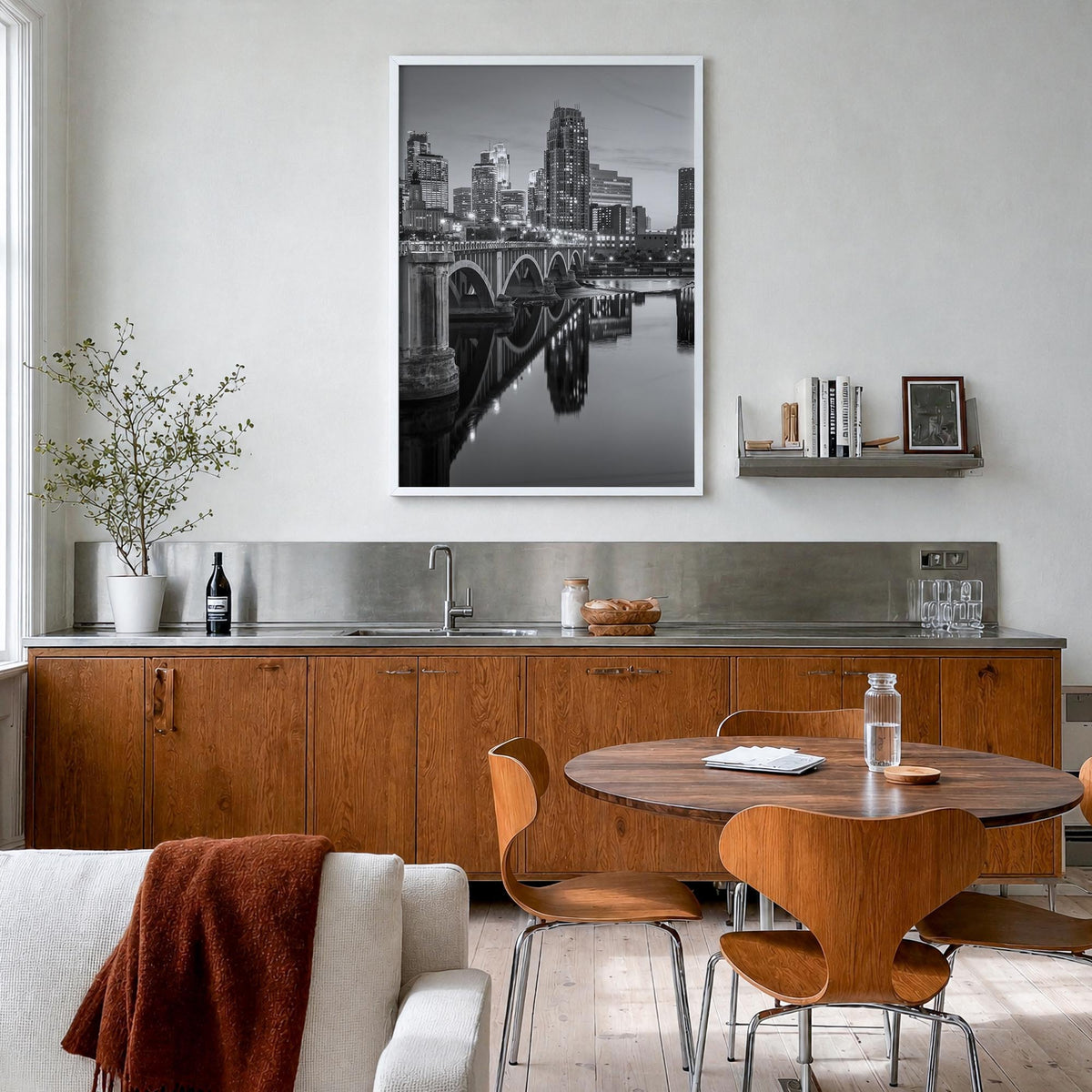 Minneapolis no. 2 black & white photo poster of Minnesota, USA – vertical wall art in white wood frame, hanging on wall