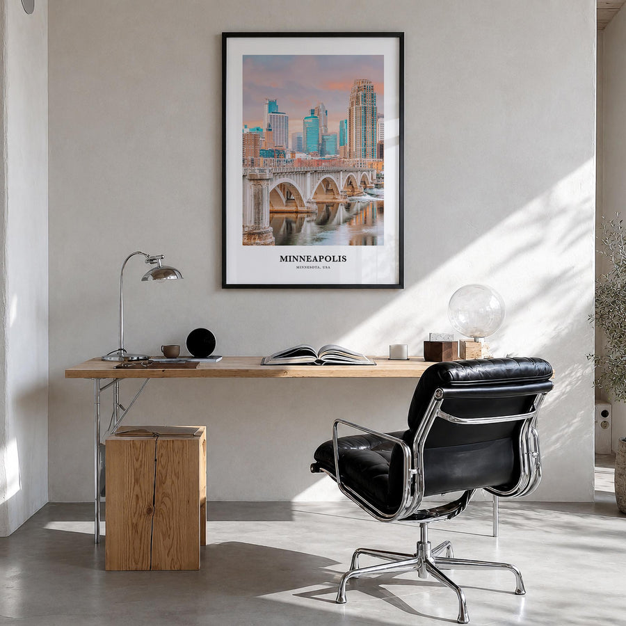 Minneapolis no. 2 colorful classic poster of Minnesota, USA – vertical wall art in black wood frame, hanging on wall