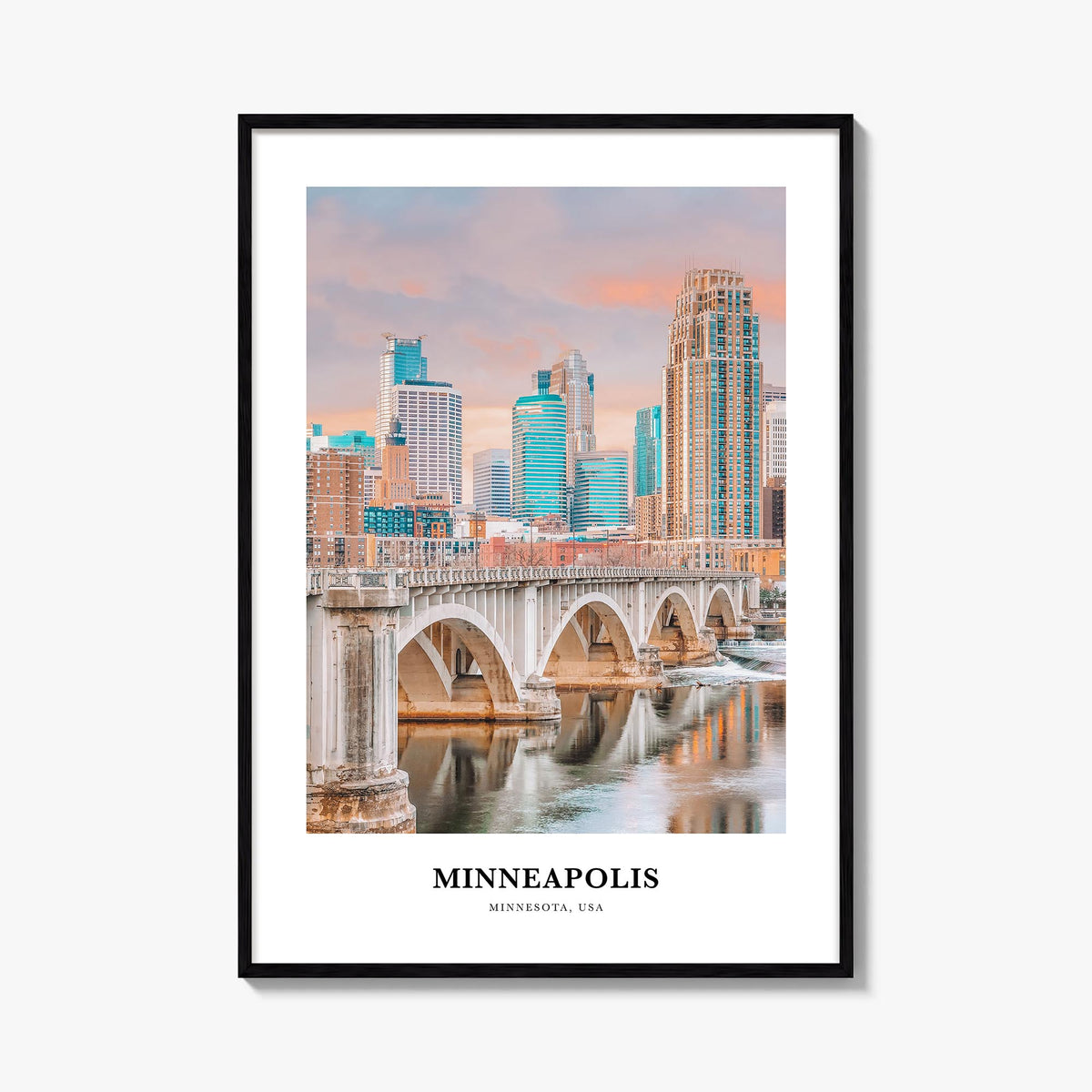 Minneapolis no. 2 colorful classic poster of Minnesota, USA – vertical wall art, unframed print shown in interior mockup