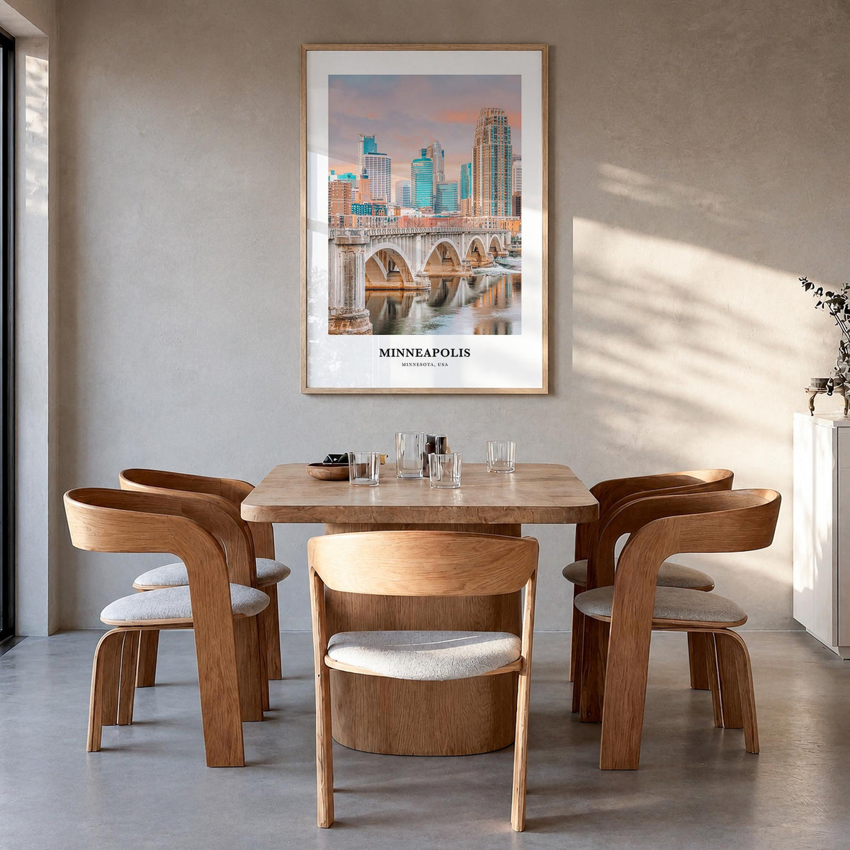 Minneapolis no. 2 colorful classic poster of Minnesota, USA – vertical wall art in natural wood frame, hanging on wall