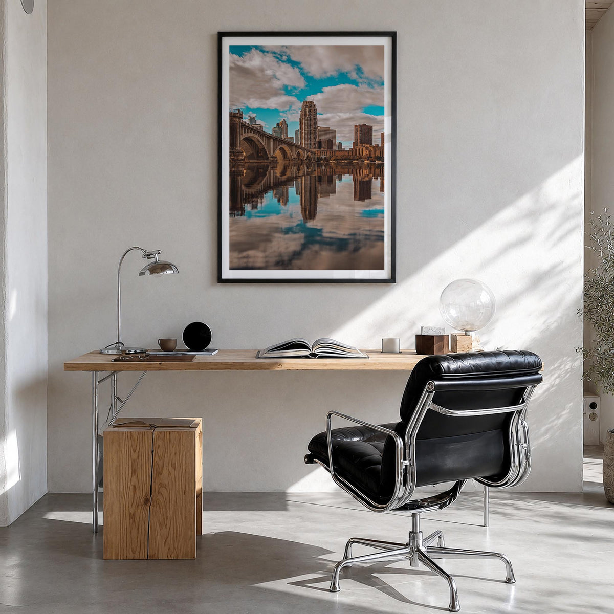 Minneapolis no. 2 colorful photo poster of Minnesota, USA – vertical wall art in black wood frame with white border, hanging 