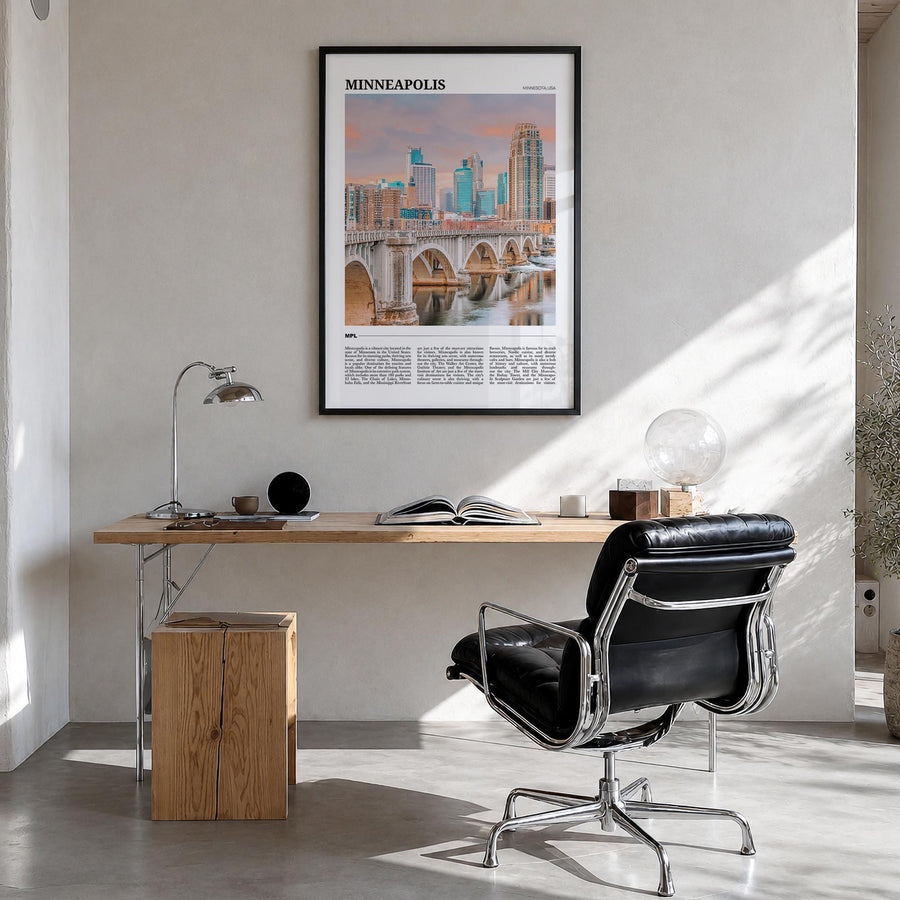 Minneapolis no. 2 colorful travel poster of Minnesota, USA – vertical wall art in black wood frame, hanging on wall