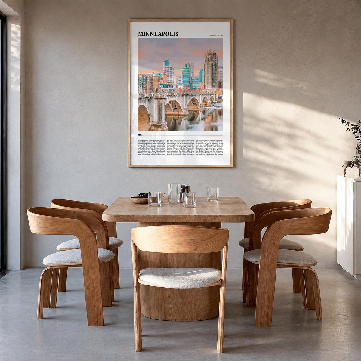 Minneapolis no. 2 colorful travel poster of Minnesota, USA – vertical wall art in natural wood frame, hanging on wall