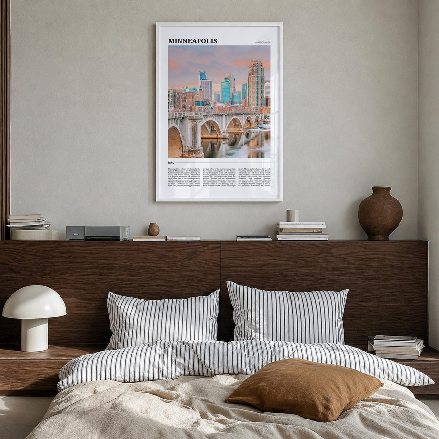 Minneapolis no. 2 colorful travel poster of Minnesota, USA – vertical wall art in white wood frame, hanging on wall