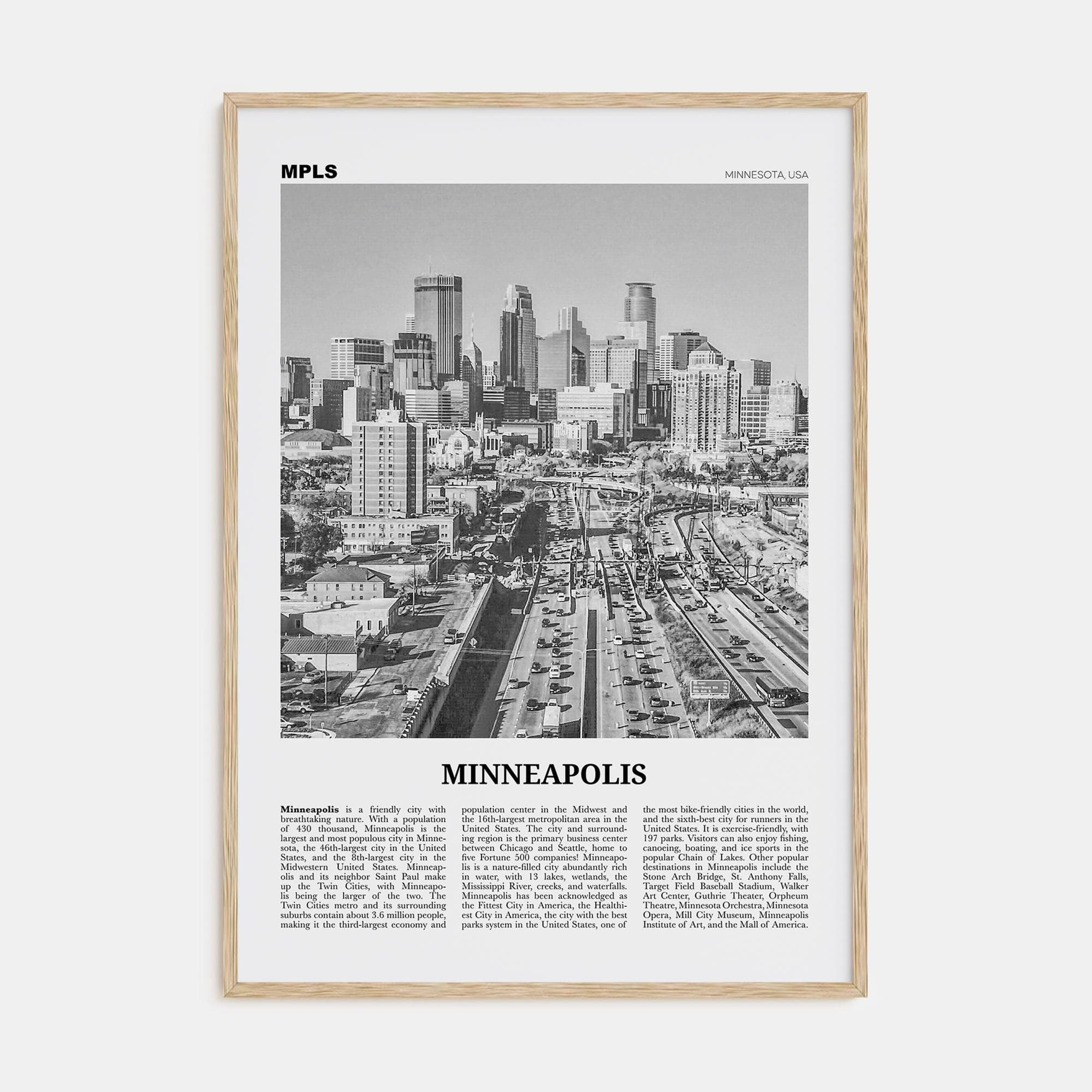 Minneapolis No 2 Poster Natural Wood / 8x12 in Nbourhood Travel B&W Poster